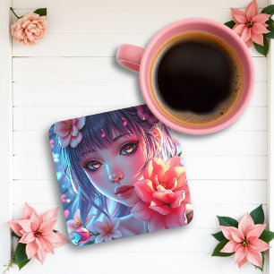 Beautiful Anime Girl Glitchcore Floral Coaster