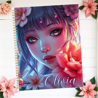 Beautiful Anime Girl Glitchcore Floral Planner
