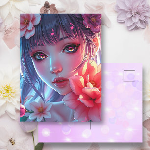 Beautiful Anime Girl Glitchcore Floral Postcard