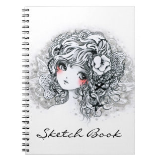 Beautiful anime girl in black and white notebook