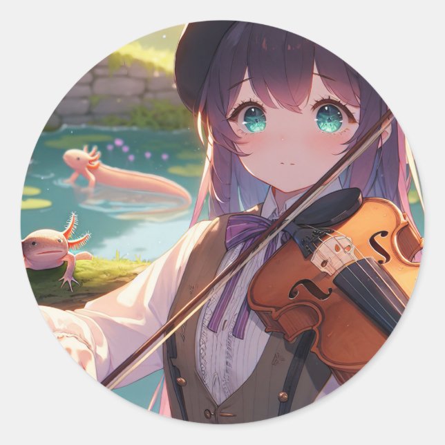 Beautiful Anime Girl Playing the Violin  Classic Round Sticker (Front)