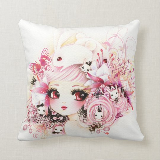 beautiful anime girl with cute bunnies and flowers throw pillow