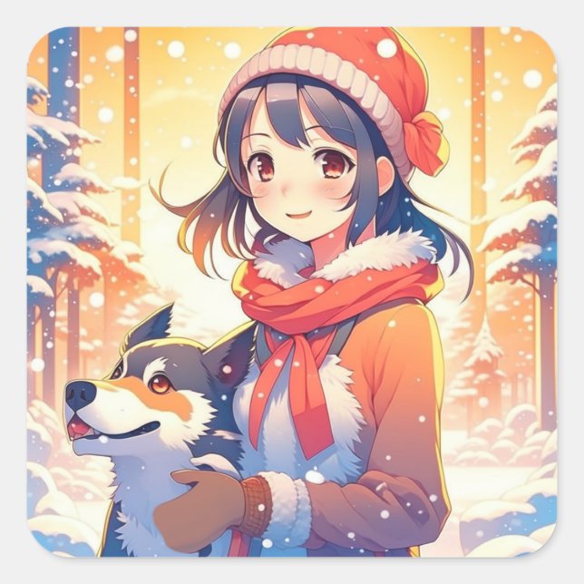 Beautiful Anime Girl with Husky Dog Christmas Square Sticker (Front)