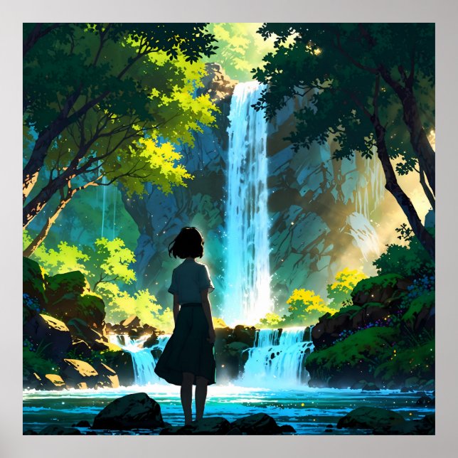 Beautiful Anime Waterfall Illustration Poster (Front)