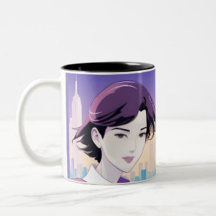 Beautiful Anime Woman New York City Style Two-Tone Coffee Mug