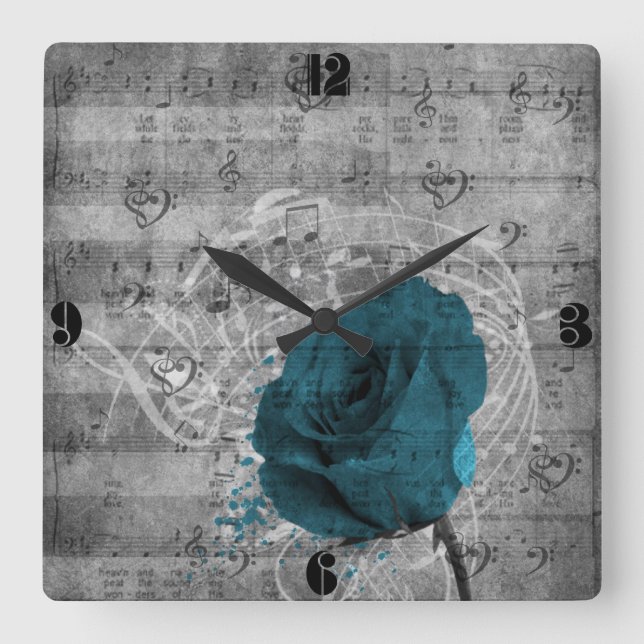 Beautiful antique blue rose paint splatter square wall clock (Front)