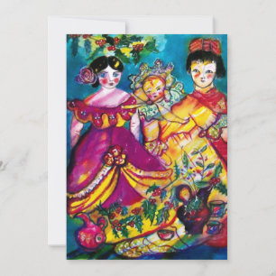 BEAUTIFUL ANTIQUE DOLLS ,red blue purple yellow Invitation