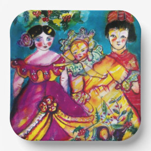 BEAUTIFUL ANTIQUE DOLLS With Christmas Decor Paper Plate