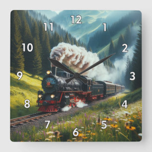 Beautiful Antique Steam Engine Locomotive Square Wall Clock