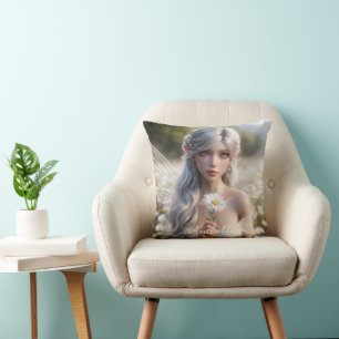 Beautiful April Fairy in Daisies Throw Pillow