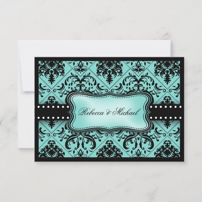 Beautiful Aqua Blue & Black Damask RSVP Cards (Front)