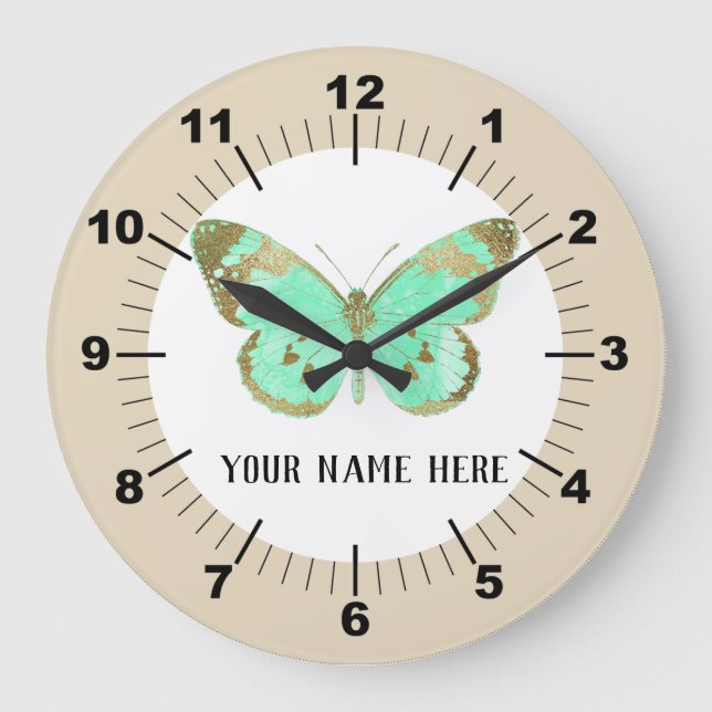 Beautiful Aqua & Gold Butterfly Large Clock (Front)