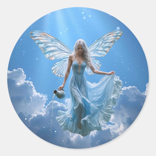 Beautiful Aquarius Fairy in the Clouds Classic Round Sticker (Front)