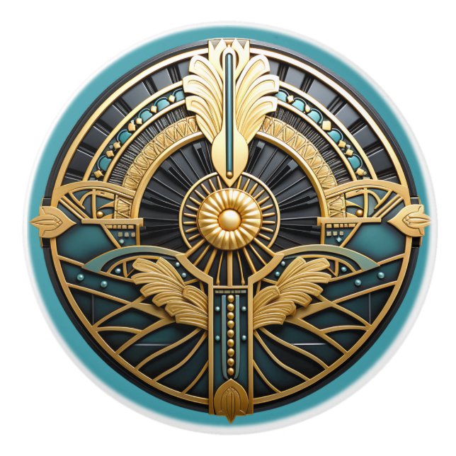 Beautiful Art Deco Elegant Gold Turquoise    Ceramic Knob (Front)