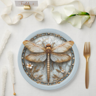 Beautiful Art Deco Enamel Dragonfly Gold Pearls Paper Plate