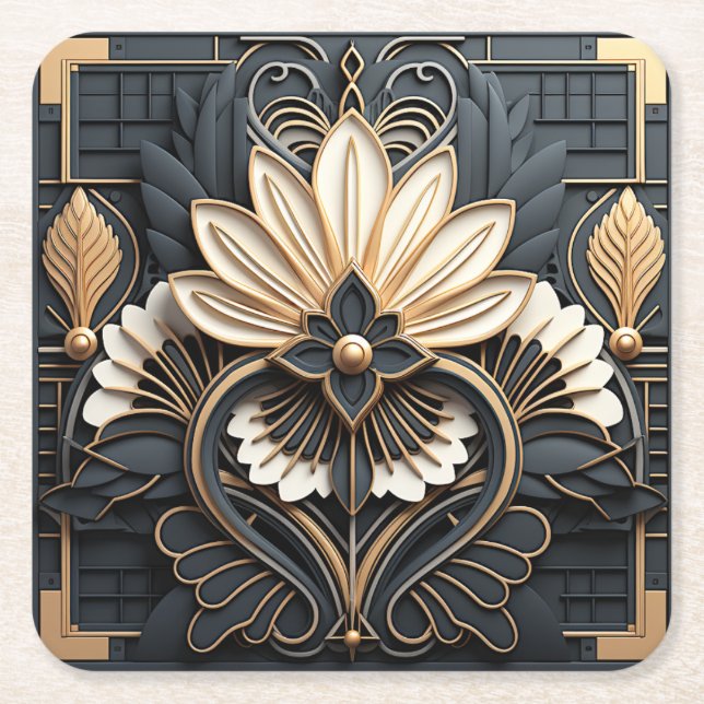 Beautiful Art Deco Gold Black White Elegant Square Paper Coaster (Front)