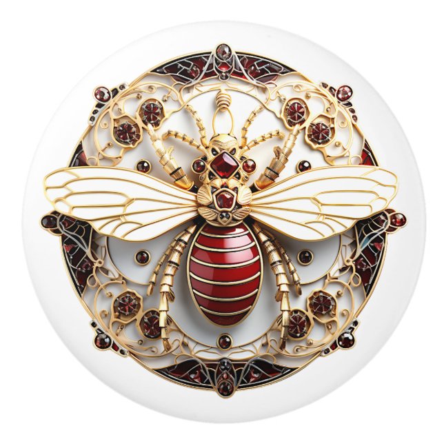 Beautiful, Art Deco Gold  Red Rubies White Enamel  Ceramic Knob (Front)