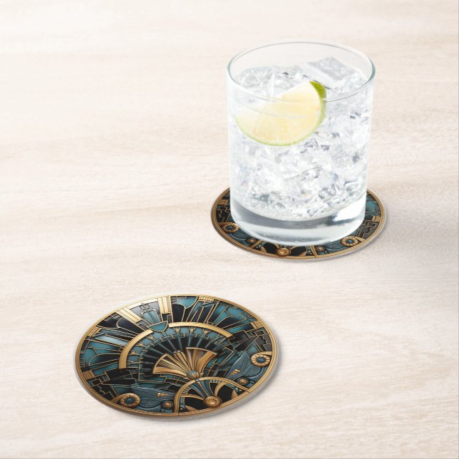 Beautiful Art Deco Green Gold Black Elegant Round Paper Coaster (Insitu)