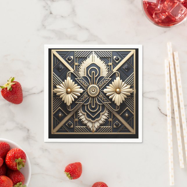 Beautiful Art Deco Ivory Cream Gold Black   Napkin (Insitu)
