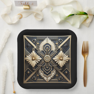 Beautiful Art Deco Ivory Cream Gold Black   Paper Plate