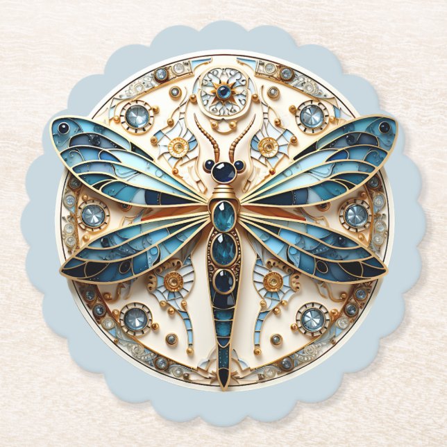 Beautiful Art Deco Stained Glass Dragonfly   Paper Coaster (Front)