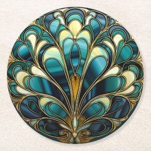 Beautiful Art Deco Turquoise Peacock Feathers Round Paper Coaster