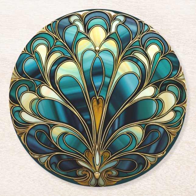 Beautiful Art Deco Turquoise Peacock Feathers Round Paper Coaster (Front)