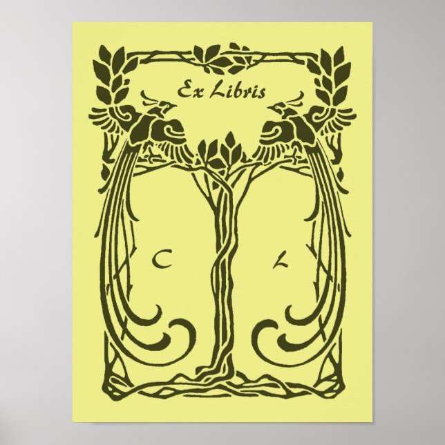 Beautiful art nouveau peacocks, add 2 initials poster (Front)