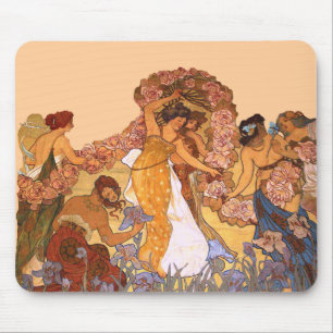 Beautiful Art Nouveau Women with Irises and Roses Mouse Pad