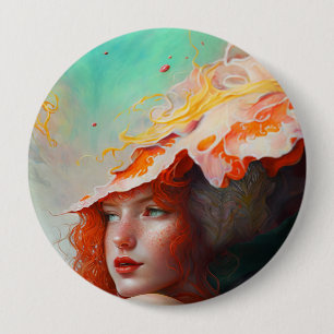 Beautiful Artistic Abstract Red Haired Ginger Girl 4 Inch Round Button