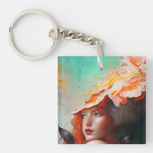 Beautiful Artistic Abstract Red Haired Ginger Girl Keychain (Front)