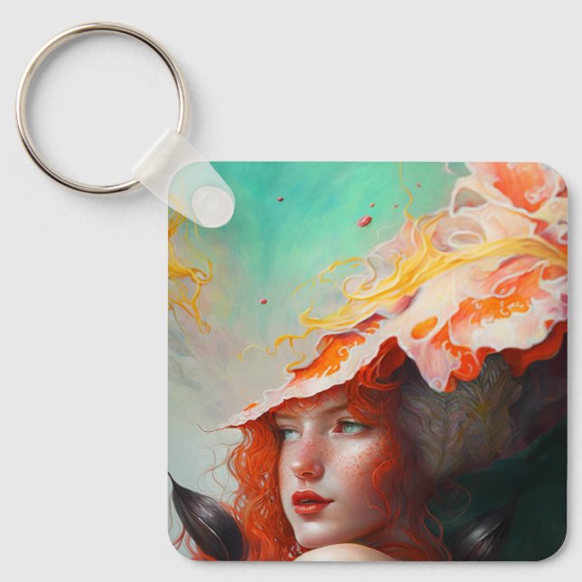 Beautiful Artistic Abstract Red Haired Ginger Girl Keychain (Front)