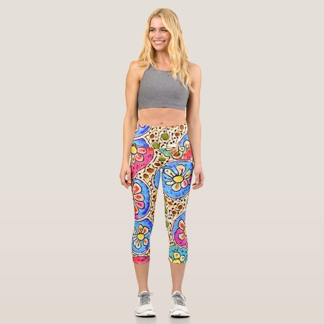 Beautiful artistic mosaik hand drawn pattern capri leggings (Front)