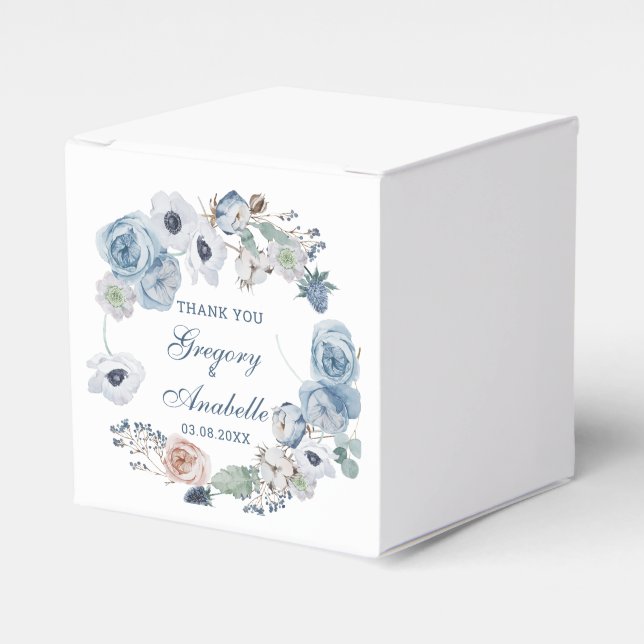 Beautiful Ash Blue Floral Wedding Favor Box (Front Side)