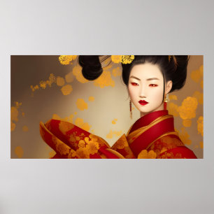 Beautiful Asian woman geisha red gold 2 Poster