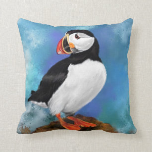 Beautiful Atlantic Puffin Bird Painting Migned Art Throw Pillow
