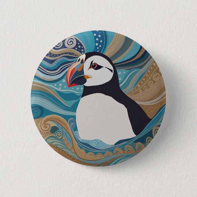 Beautiful Atlantic Puffin Ocean Waves 2 Inch Round Button (Front)