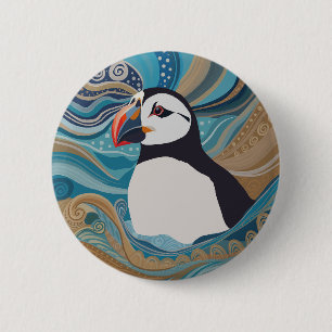 Beautiful Atlantic Puffin Ocean Waves 2 Inch Round Button