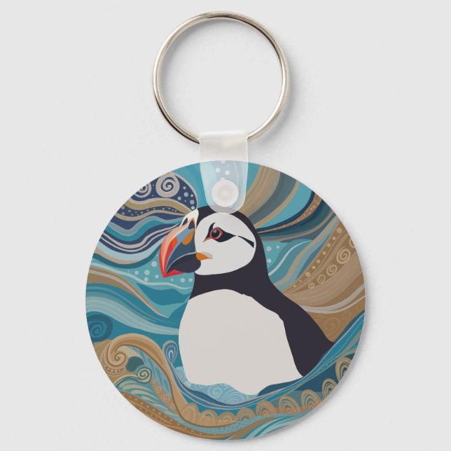 Beautiful Atlantic Puffin Ocean Waves Keychain (Front)