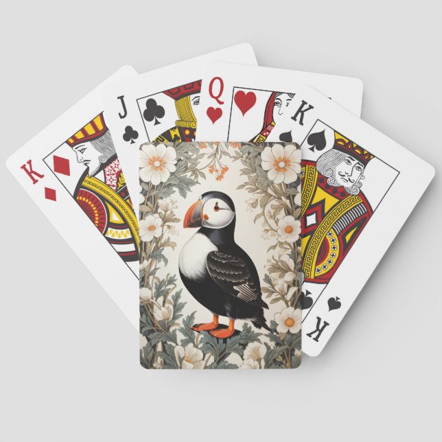 Beautiful Atlantic Puffin White Flowers Playing Cards (Back)