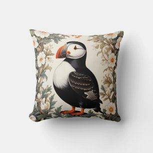 Beautiful Atlantic Puffin White Flowers Throw Pillow