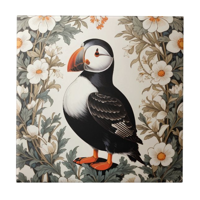 Beautiful Atlantic Puffin White Flowers Tile (Front)