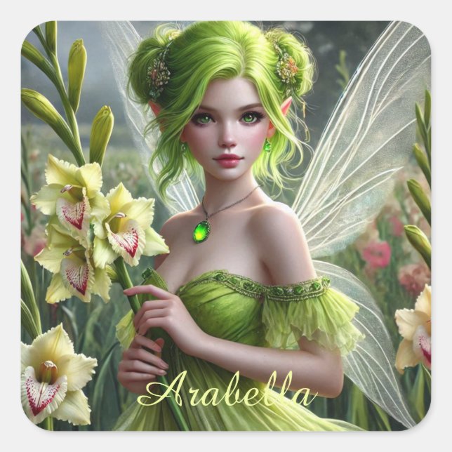 Beautiful August Fairy in Gladioli Square Sticker (Front)