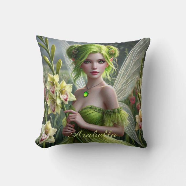 Beautiful August Fairy in Gladioli Throw Pillow (Front)