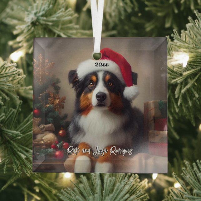 Beautiful Australian Shepherd with Santa Hat Glass Ornament (Insitu)