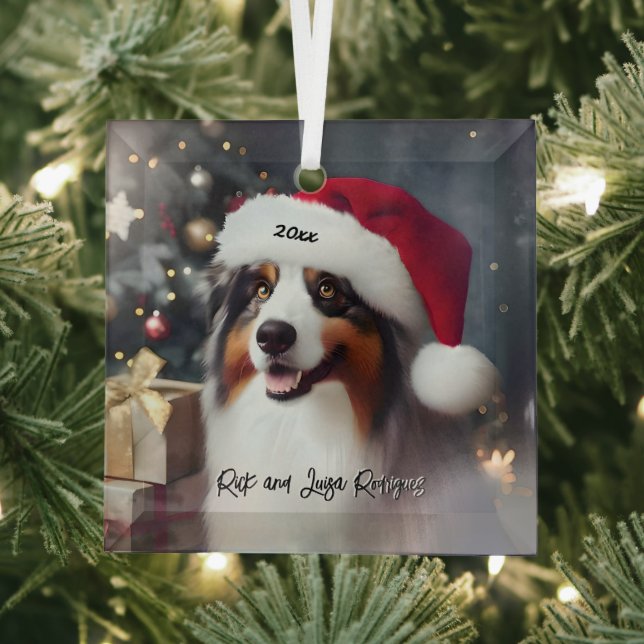 Beautiful Australian Shepherd with Santa Hat Glass Ornament (Insitu)