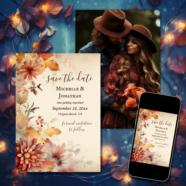 Beautiful Autumn Flowers Fall Floral Wedding Photo Save The Date (Printed and Digital - Beautiful Autumn Flowers Fall Floral Wedding Photo Save The Date)