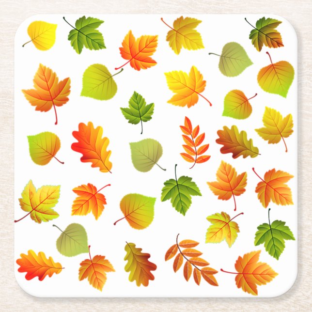 Beautiful Autumn Leaves on White Square Paper Coaster (Front)