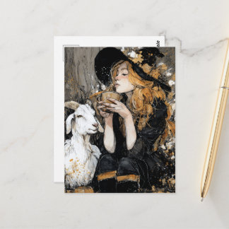 Beautiful Autumn Witch and White Goat Postcard