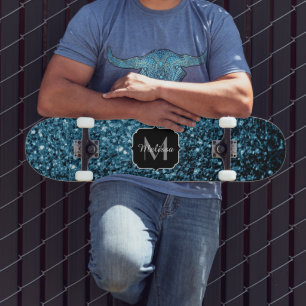 Beautiful Baby blue glitter sparkles Monogram Skateboard